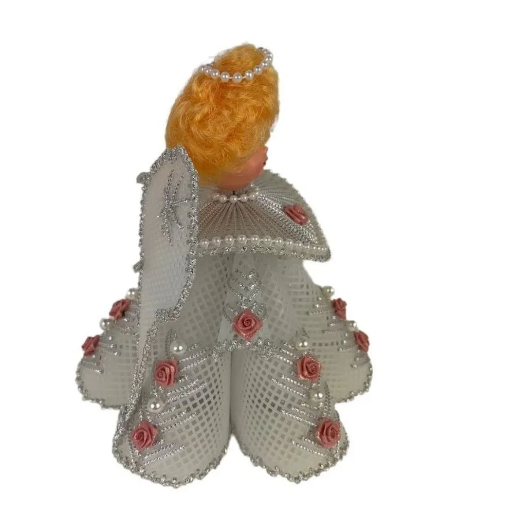 Handmade Vintage Angel Christmas Tree Topper Plastic Canvas Roses Pearl Beads 8